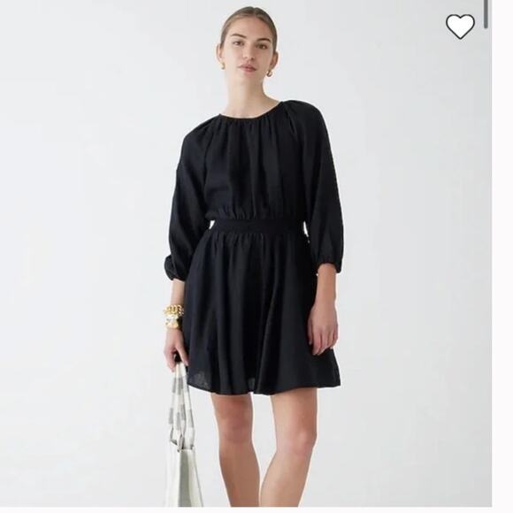 J CREW Palermo Smocked-Waist Mini Dress in Linen Black Long Sleeve Size XS NEW - Picture 2 of 8